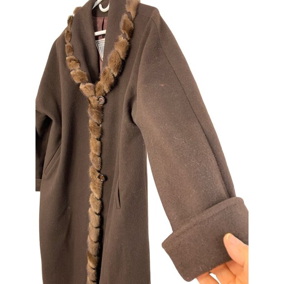 Vintage  Sz 16 Marvin Richards Brown Wool Coat Mink Trim Maxi Brown 7905 - Picture 4 of 15